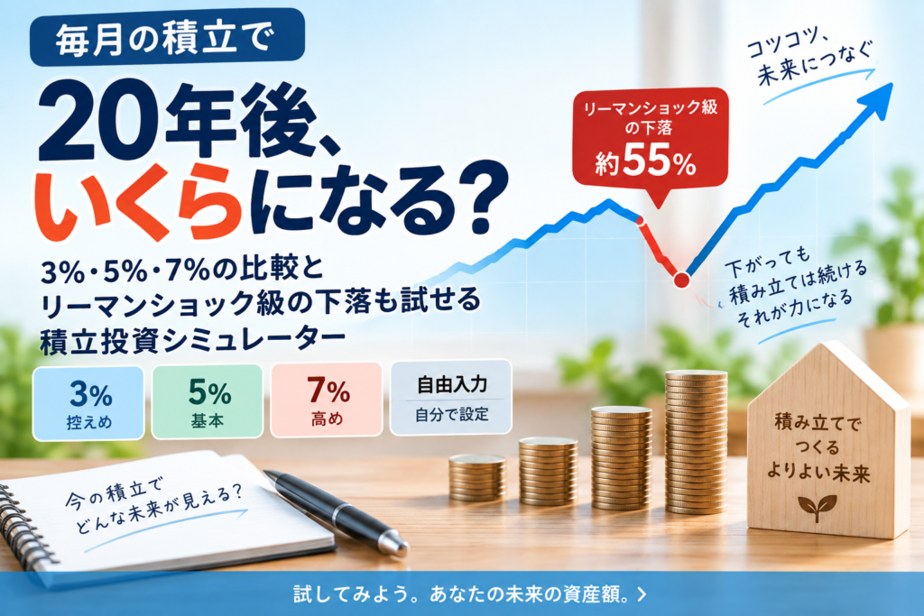 毎月の積立投資を20年間続けた場合の資産推移と暴落シナリオを示す図