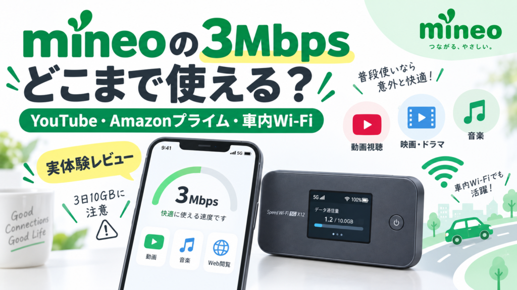 アイキャッチ画像：【実体験】mineoの3Mbpsはどこまで使える？YouTube・Amazonプライム・車内Wi-Fiで試してみた