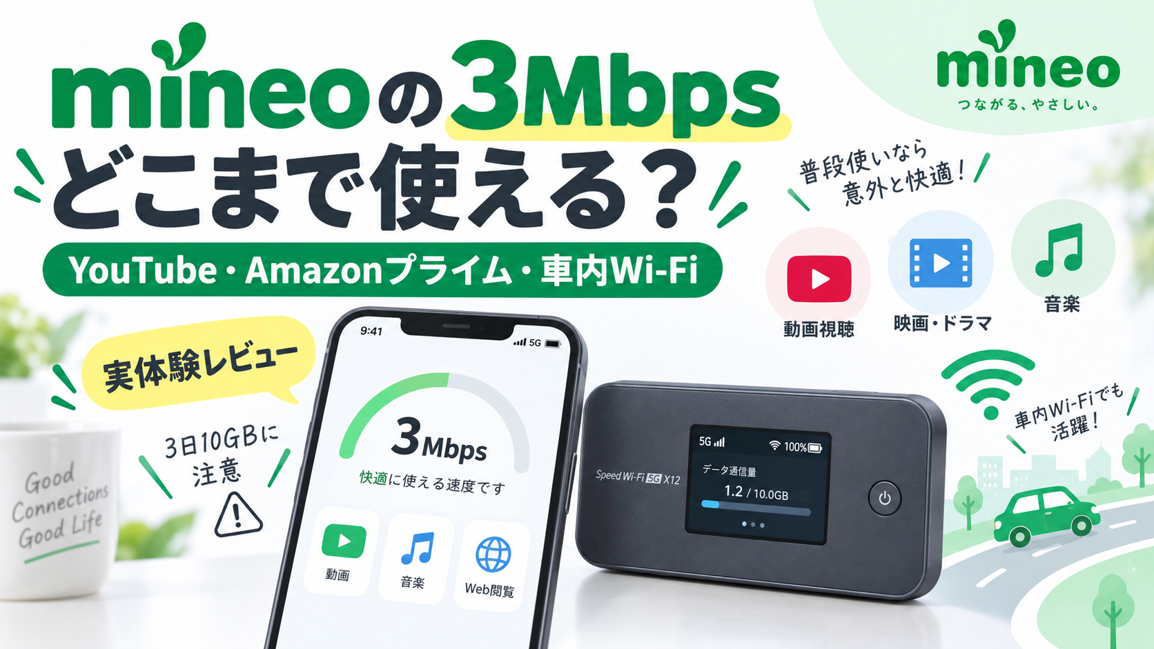 アイキャッチ画像:【実体験】mineoの3Mbpsはどこまで使える?YouTube・Amazonプライム・車内Wi-Fiで試してみた