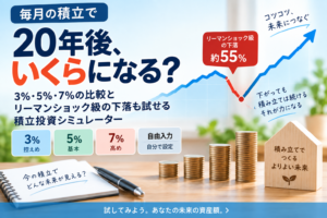 毎月の積立投資を20年間続けた場合の資産推移と暴落シナリオを示す図